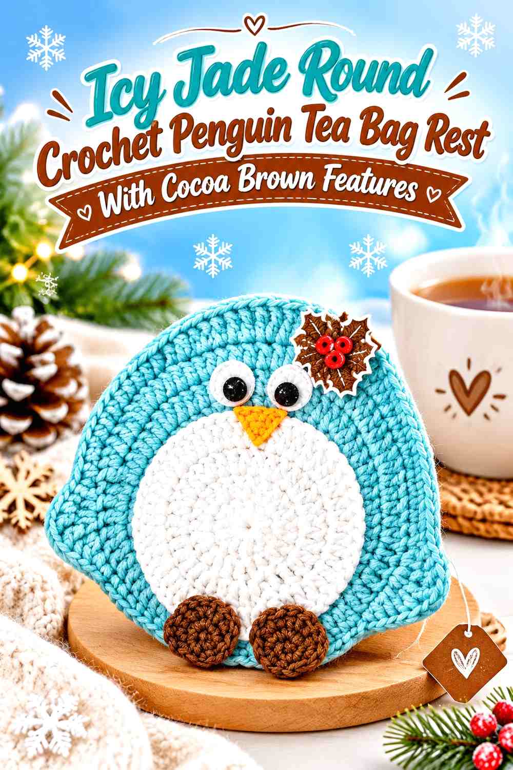 Icy Jade Round Crochet Penguin Tea Bag Rest With Cocoa Brown Features