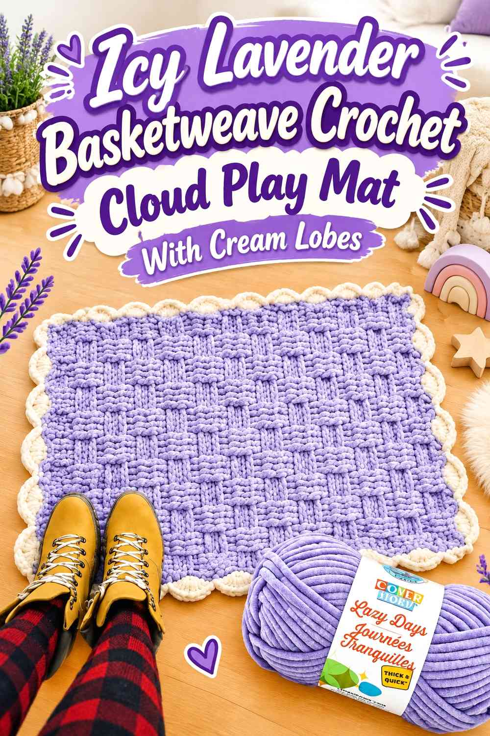 Icy Lavender Basketweave Crochet Cloud Play Mat With Cream Lobes