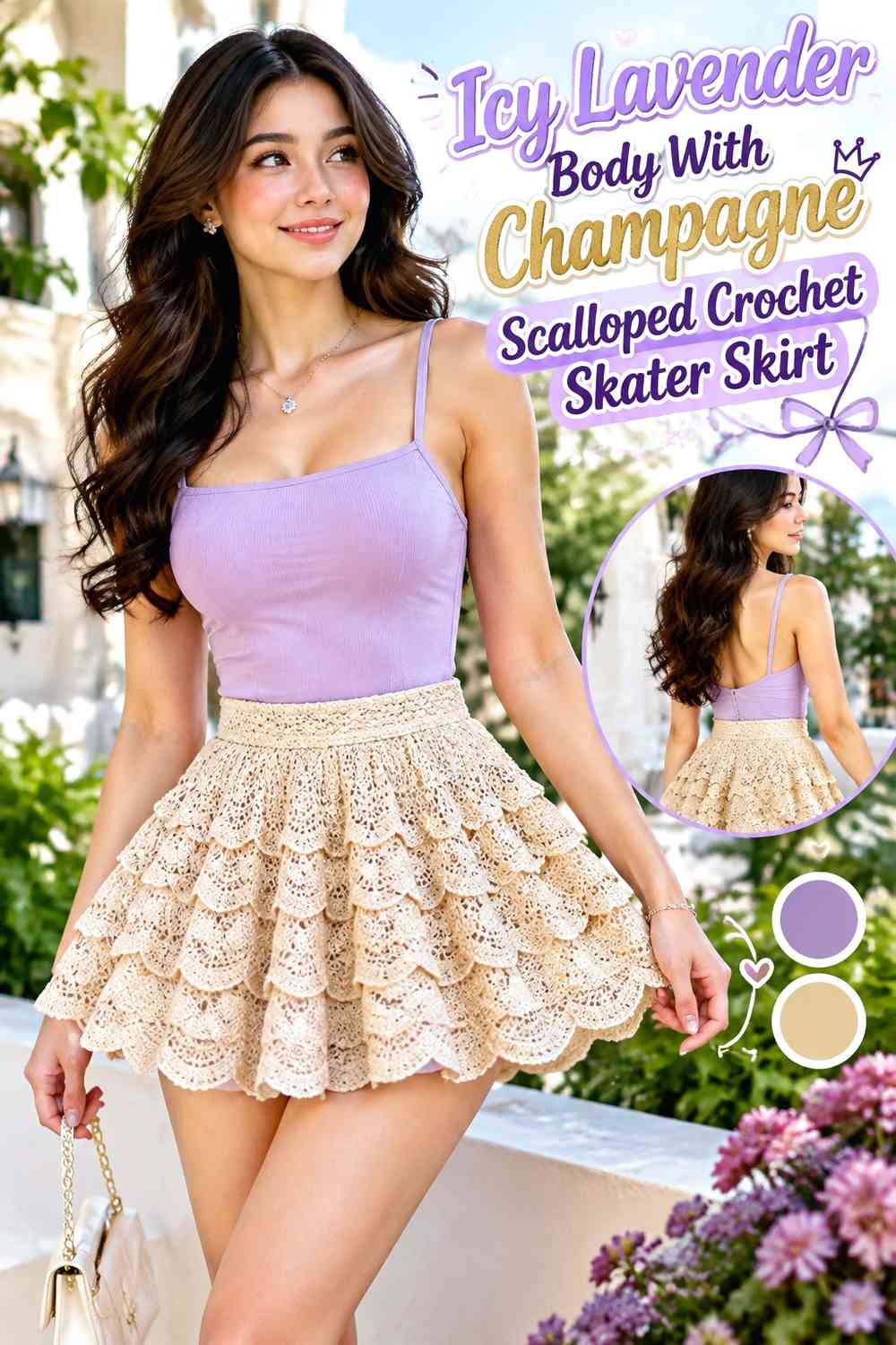 Icy Lavender Body With Champagne Scalloped Crochet Skater Skirt