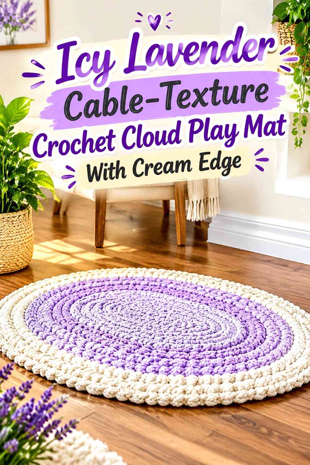 Icy Lavender Cable-Texture Crochet Cloud Play Mat With Cream Edge