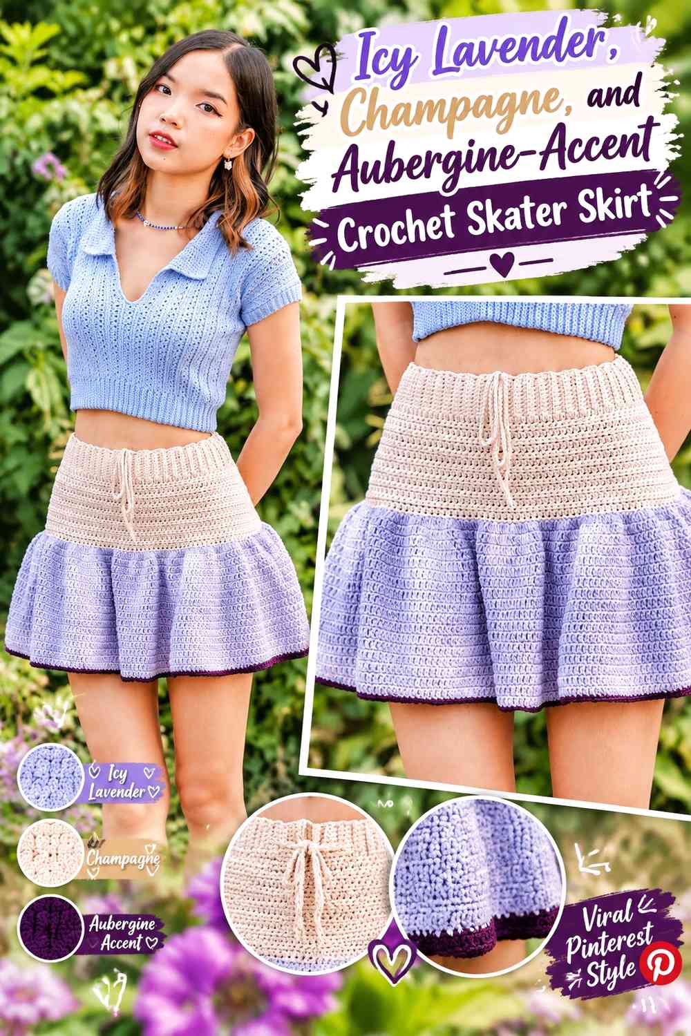Icy Lavender, Champagne, and Aubergine-Accent Crochet Skater Skirt
