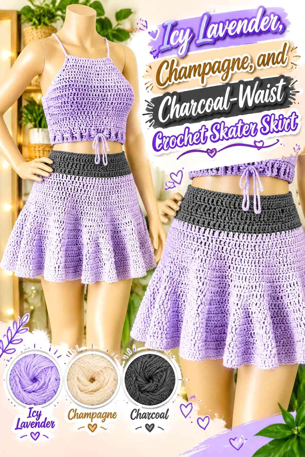 Icy Lavender, Champagne, and Charcoal-Waist Crochet Skater Skirt
