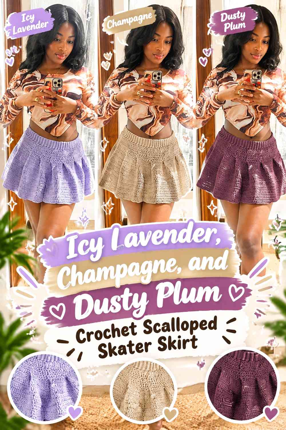 Icy Lavender, Champagne, and Dusty Plum Crochet Scalloped Skater Skirt