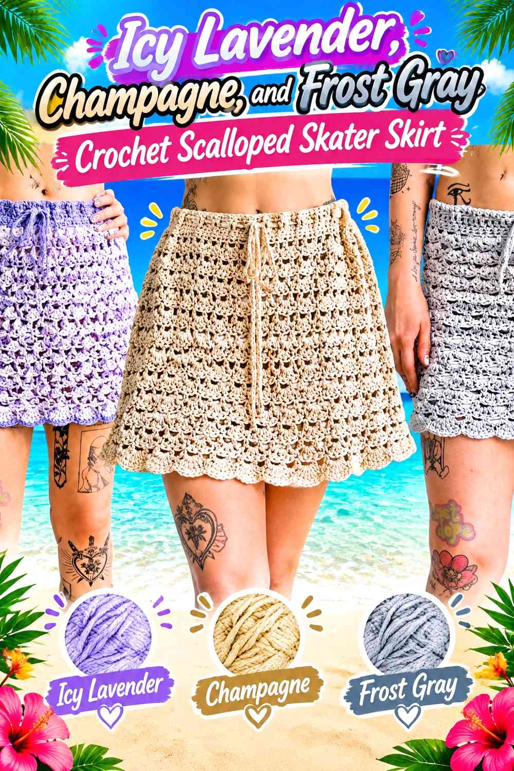 Icy Lavender, Champagne, and Frost Gray Crochet Scalloped Skater Skirt