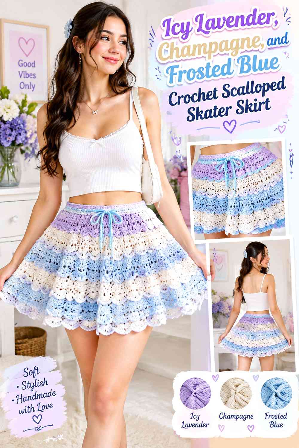 Icy Lavender, Champagne, and Frosted Blue Crochet Scalloped Skater Skirt