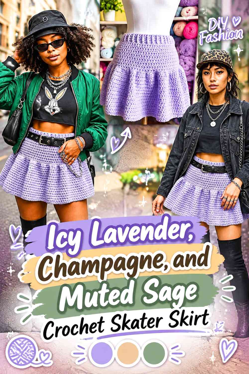 Icy Lavender, Champagne, and Muted Sage Crochet Skater Skirt