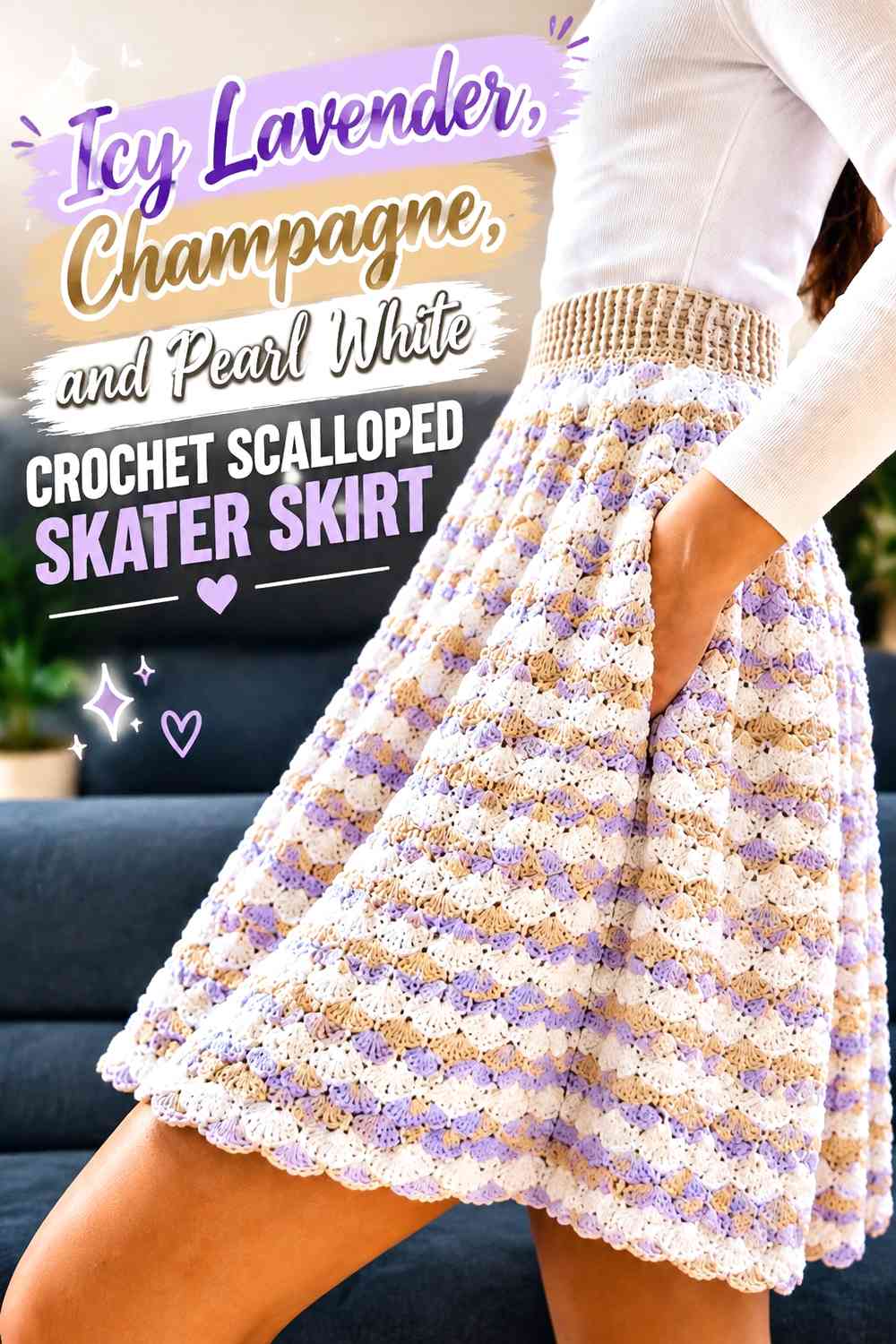 Icy Lavender, Champagne, and Pearl White Crochet Scalloped Skater Skirt