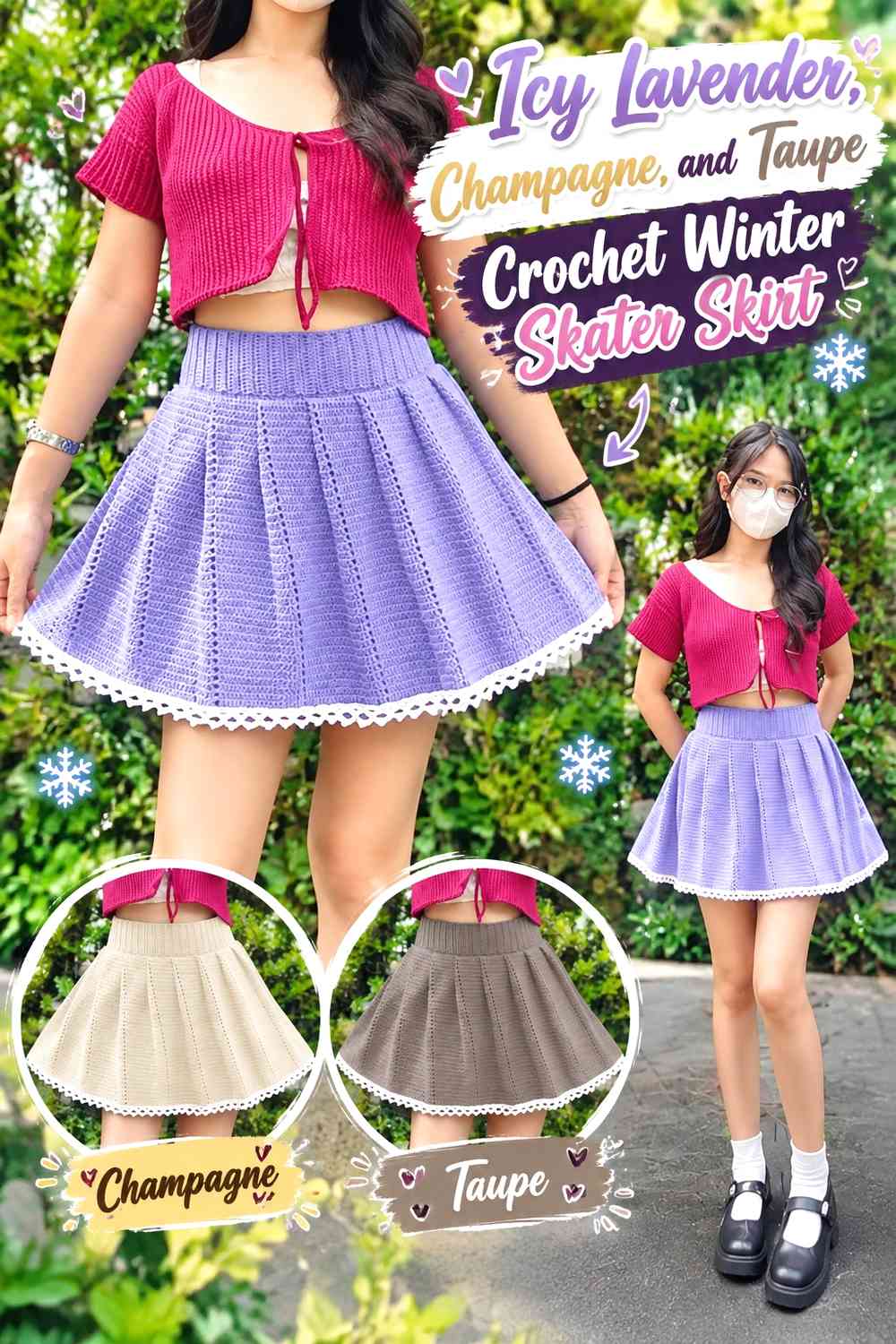 Icy Lavender, Champagne, and Taupe Crochet Winter Skater Skirt