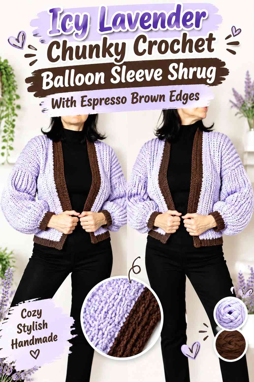 Icy Lavender Chunky Crochet Balloon Sleeve Shrug With Espresso Brown Edges