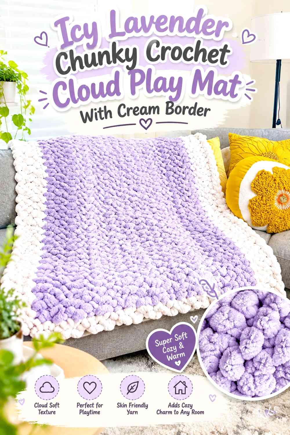 Icy Lavender Chunky Crochet Cloud Play Mat With Cream Border