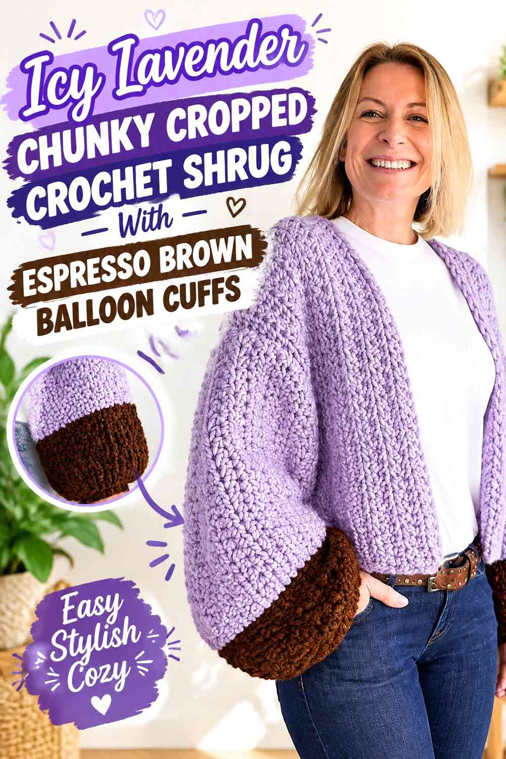 Icy Lavender Chunky Cropped Crochet Shrug With Espresso Brown Balloon Cuffs