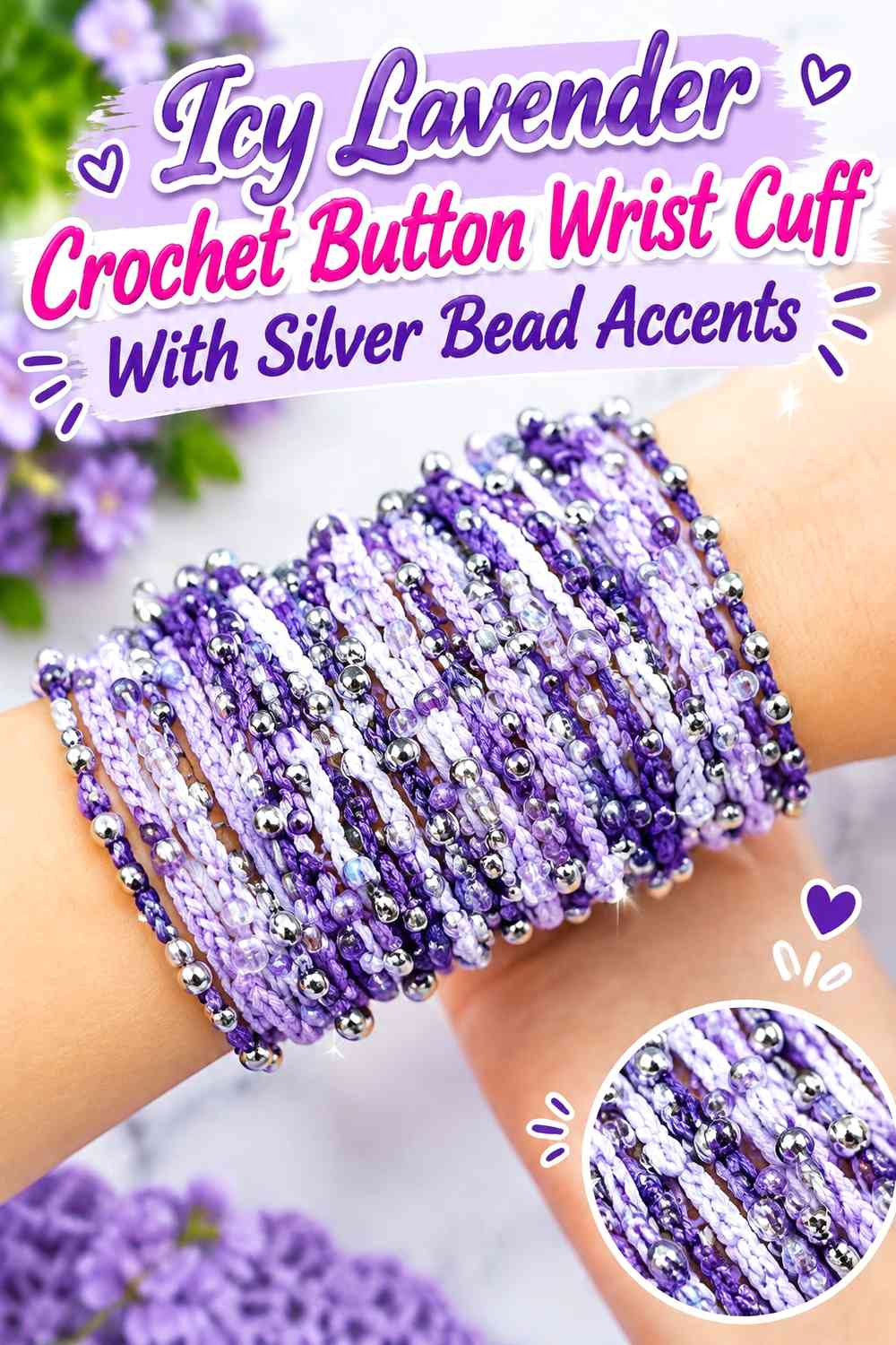 Icy Lavender Crochet Button Wrist Cuff With Silver Bead Accents
