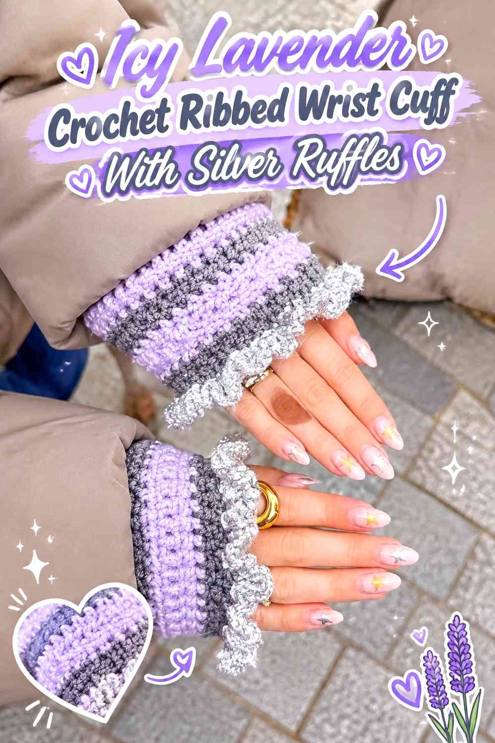 Icy Lavender Crochet Ribbed Wrist Cuff With Silver Ruffles