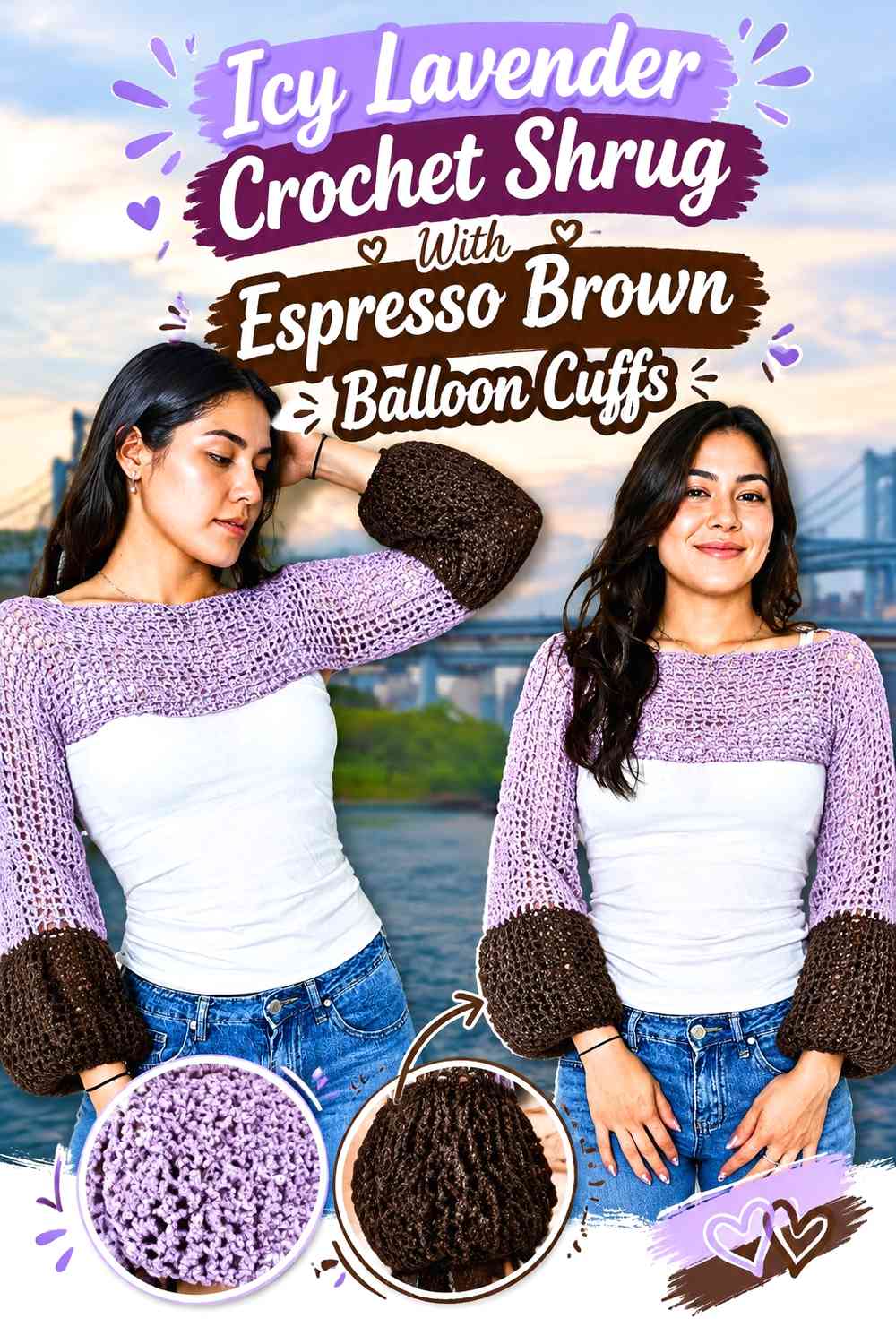 Icy Lavender Crochet Shrug With Espresso Brown Balloon Cuffs