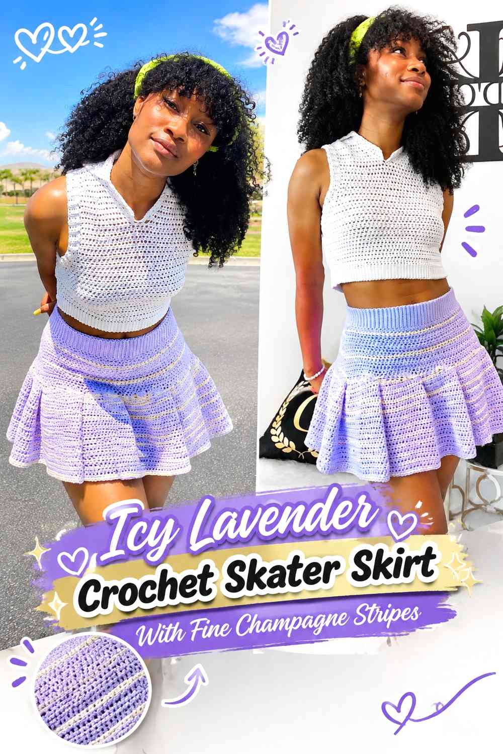 Icy Lavender Crochet Skater Skirt With Fine Champagne Stripes