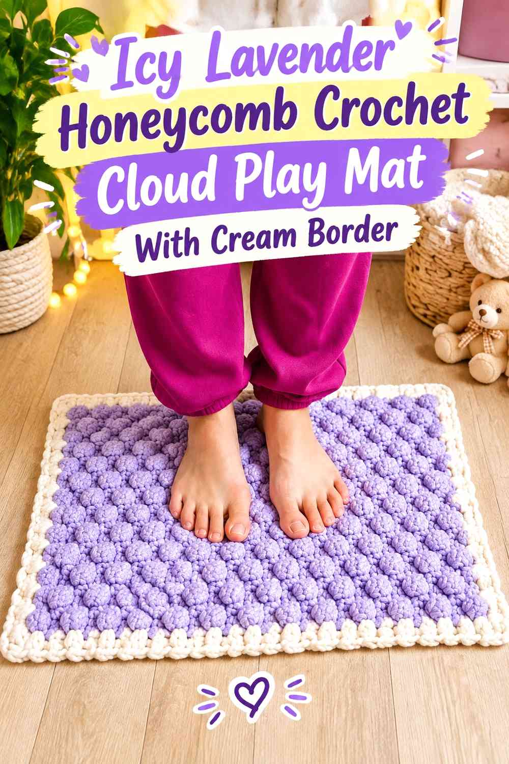 Icy Lavender Honeycomb Crochet Cloud Play Mat With Cream Border