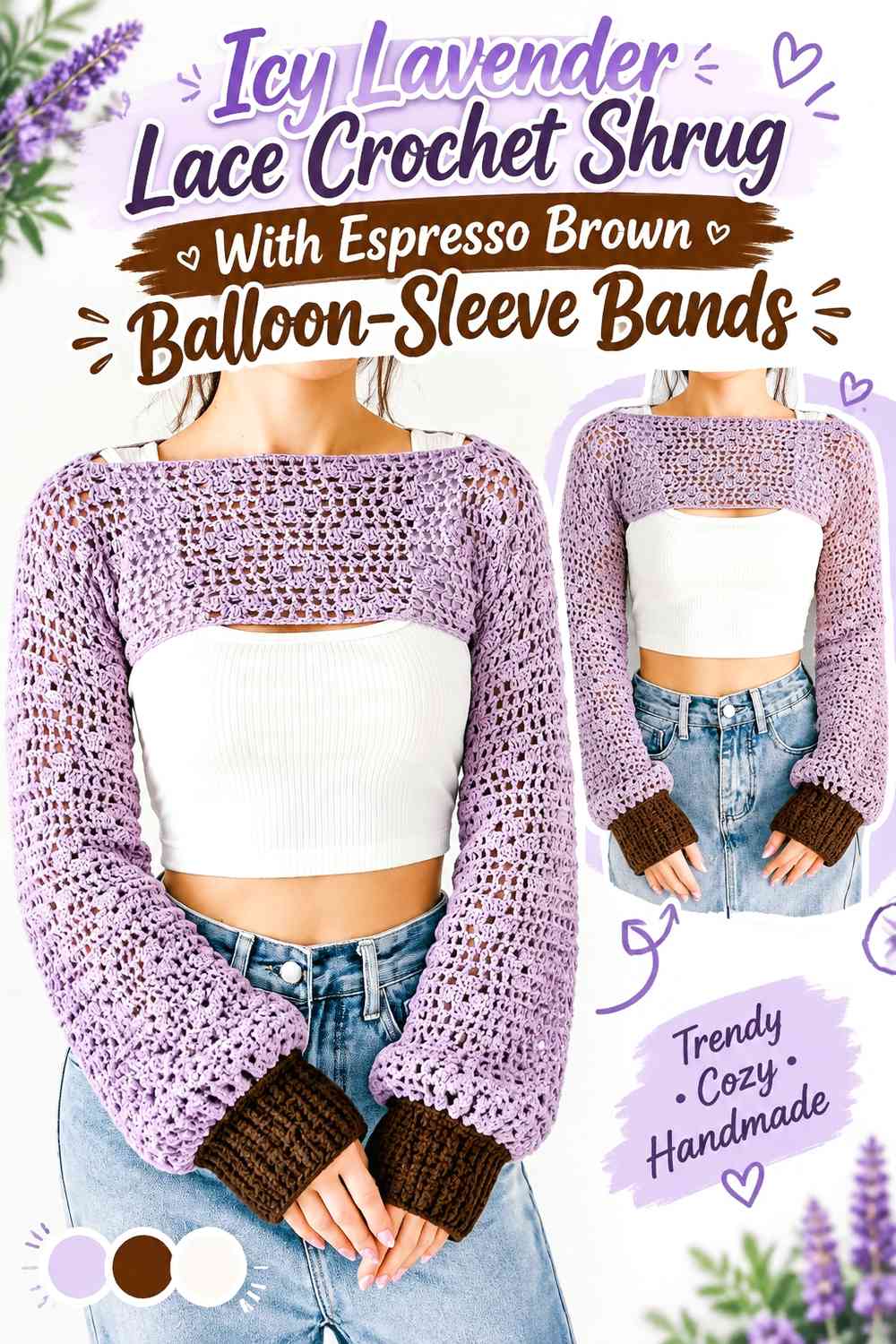 Icy Lavender Lace Crochet Shrug With Espresso Brown Balloon-Sleeve Bands