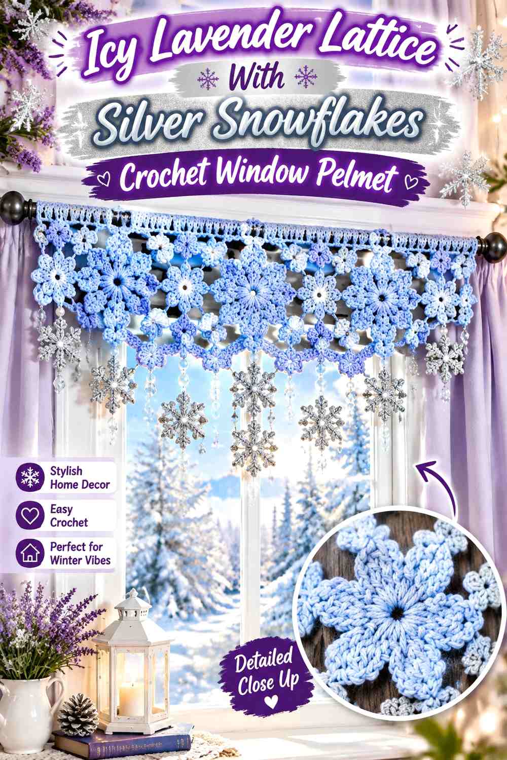 Icy Lavender Lattice With Silver Snowflakes Crochet Window Pelmet