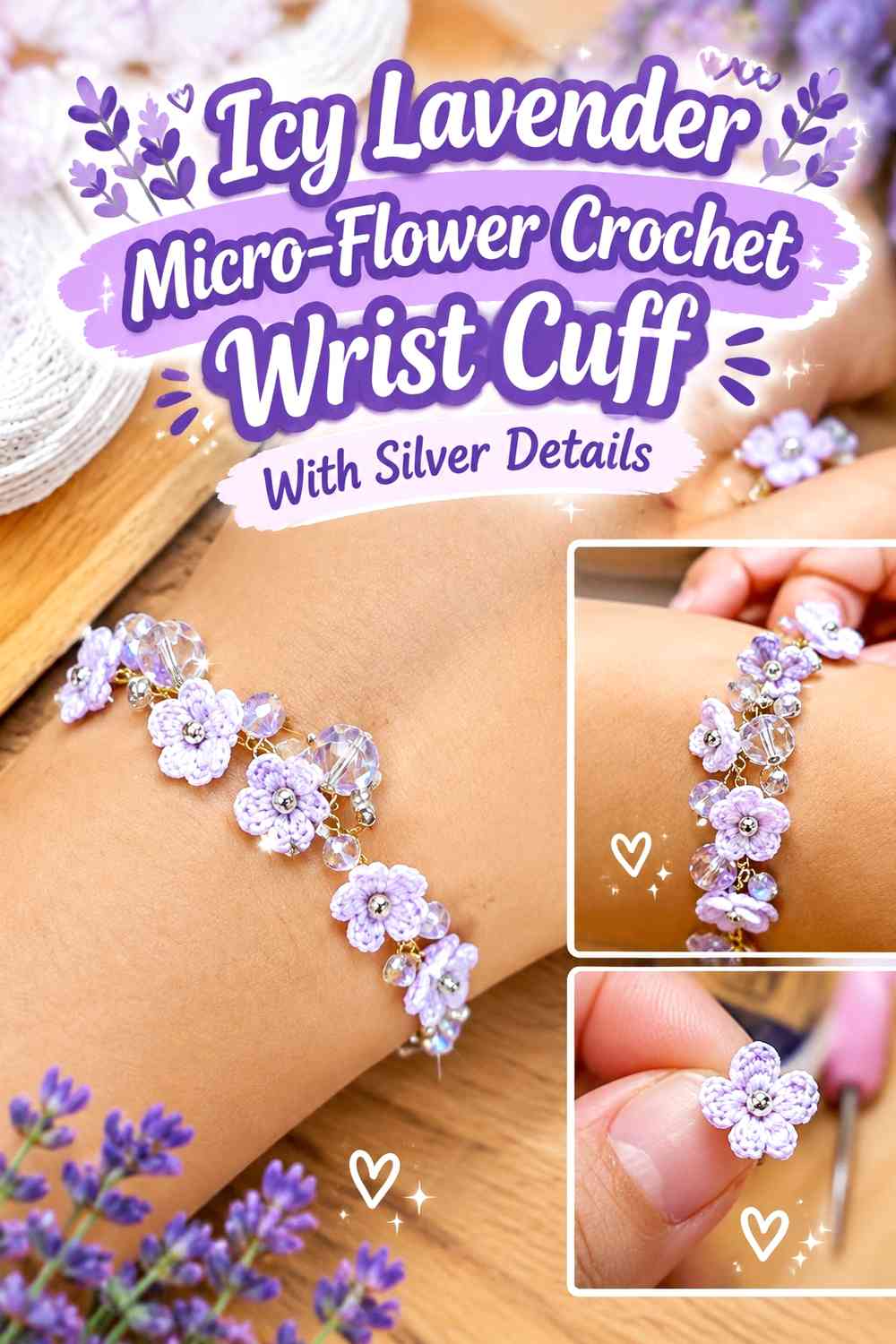 Icy Lavender Micro-Flower Crochet Wrist Cuff With Silver Details