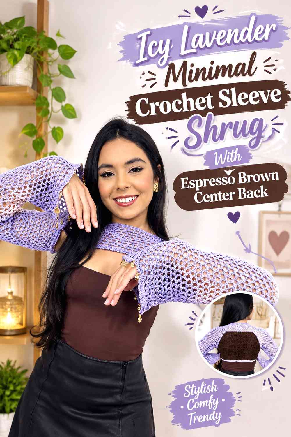 Icy Lavender Minimal Crochet Sleeve Shrug With Espresso Brown Center Back