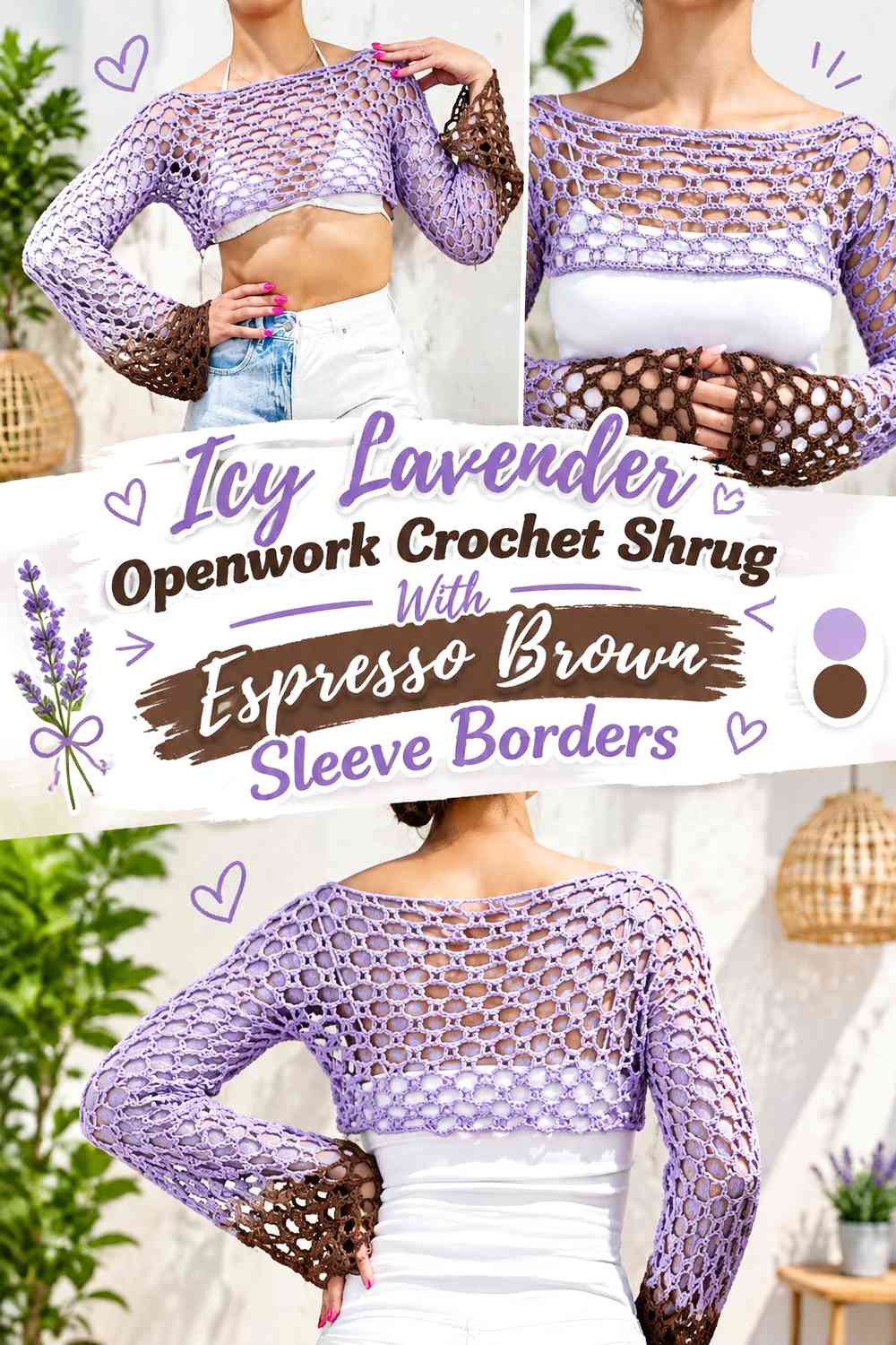 Icy Lavender Openwork Crochet Shrug With Espresso Brown Sleeve Borders