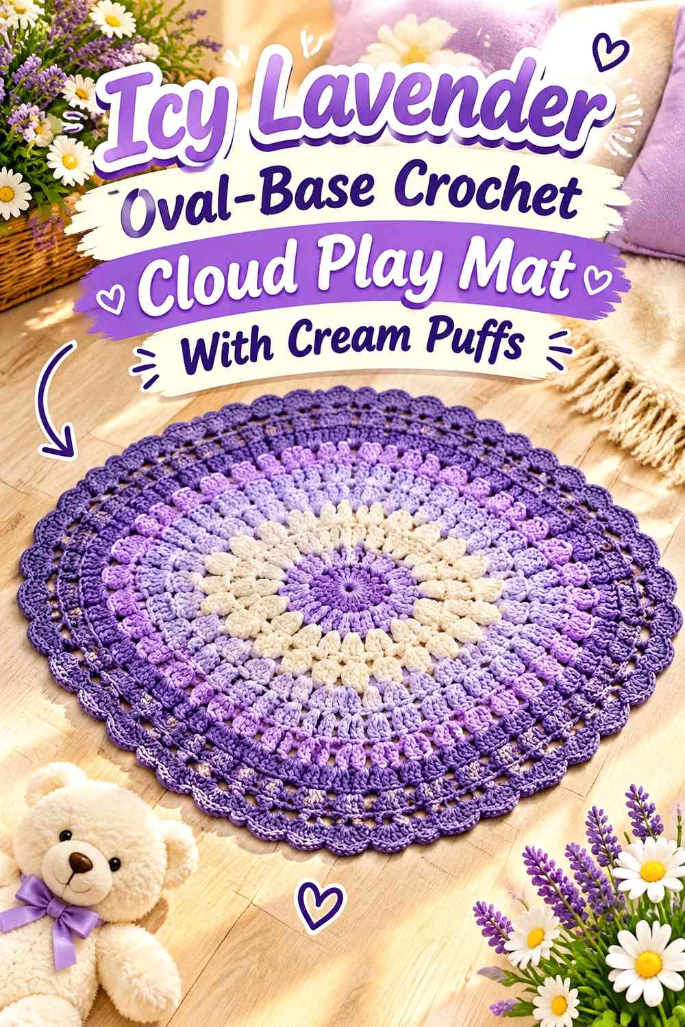 Icy Lavender Oval-Base Crochet Cloud Play Mat With Cream Puffs