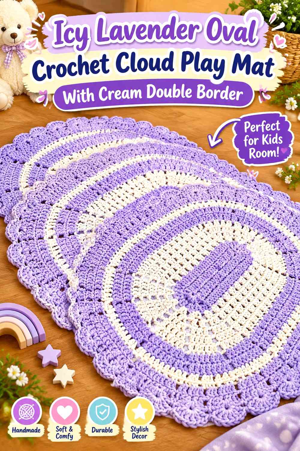 Icy Lavender Oval Crochet Cloud Play Mat With Cream Double Border