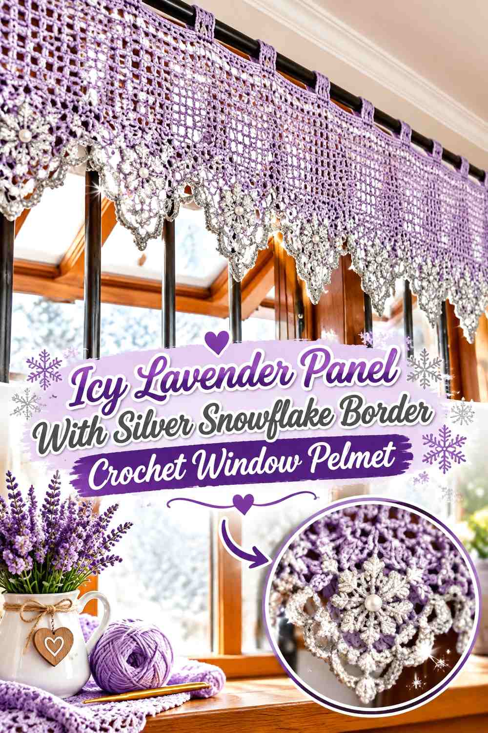 Icy Lavender Panel With Silver Snowflake Border Crochet Window Pelmet