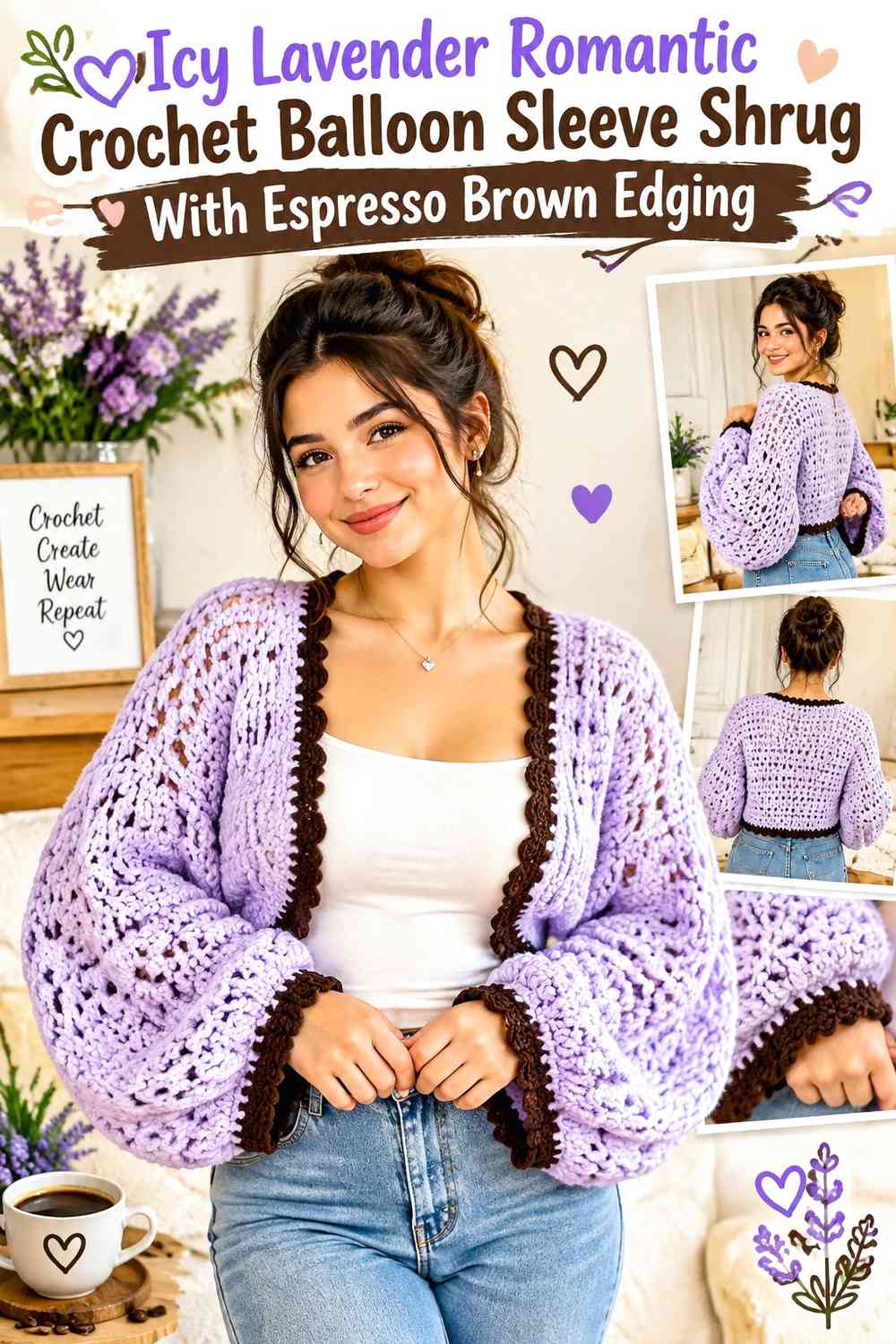 Icy Lavender Romantic Crochet Balloon Sleeve Shrug With Espresso Brown Edging