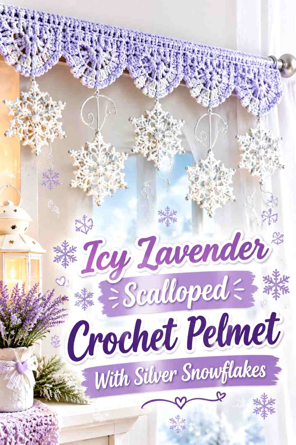 Icy Lavender Scalloped Crochet Pelmet With Silver Snowflakes
