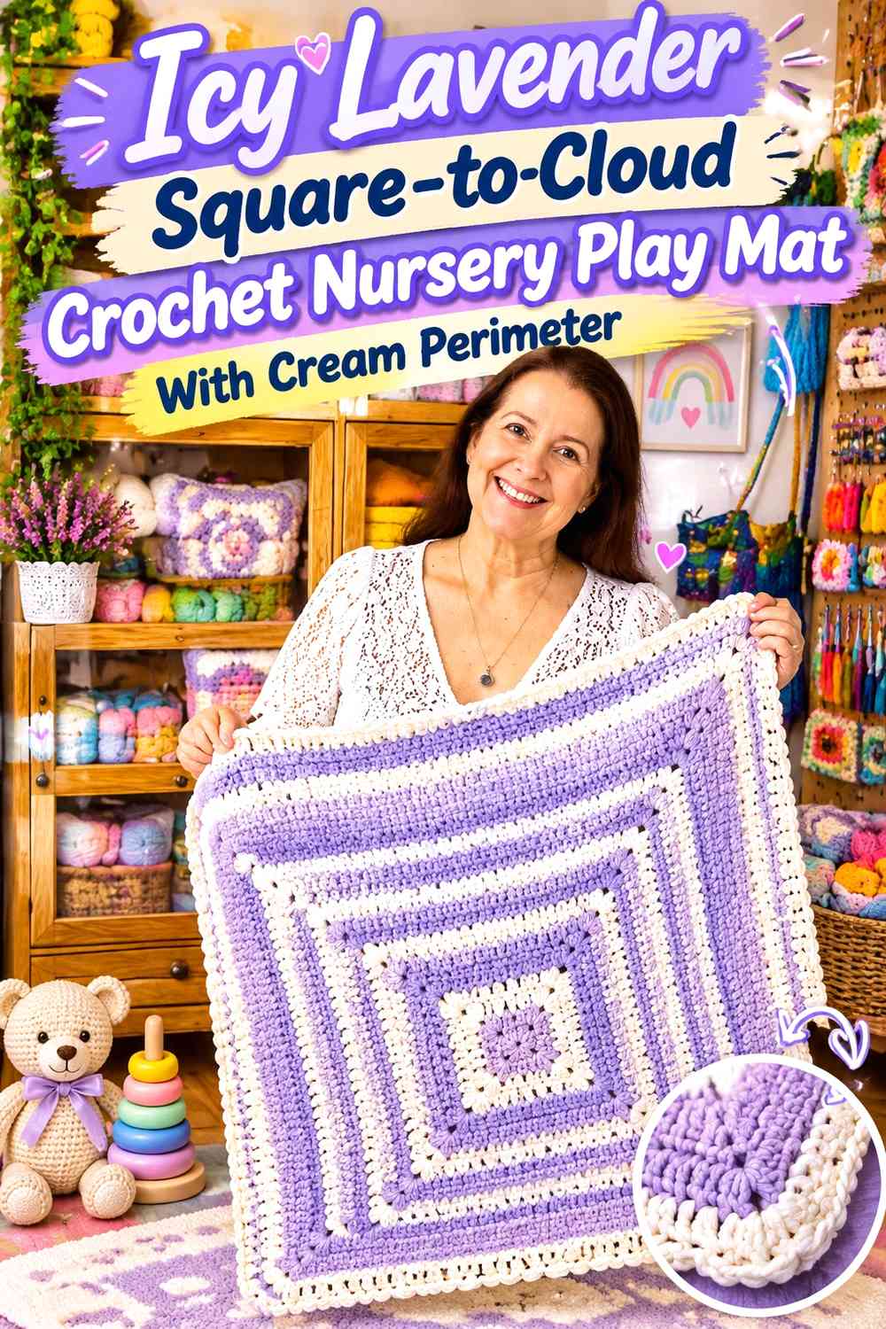 Icy Lavender Square-to-Cloud Crochet Nursery Play Mat With Cream Perimeter