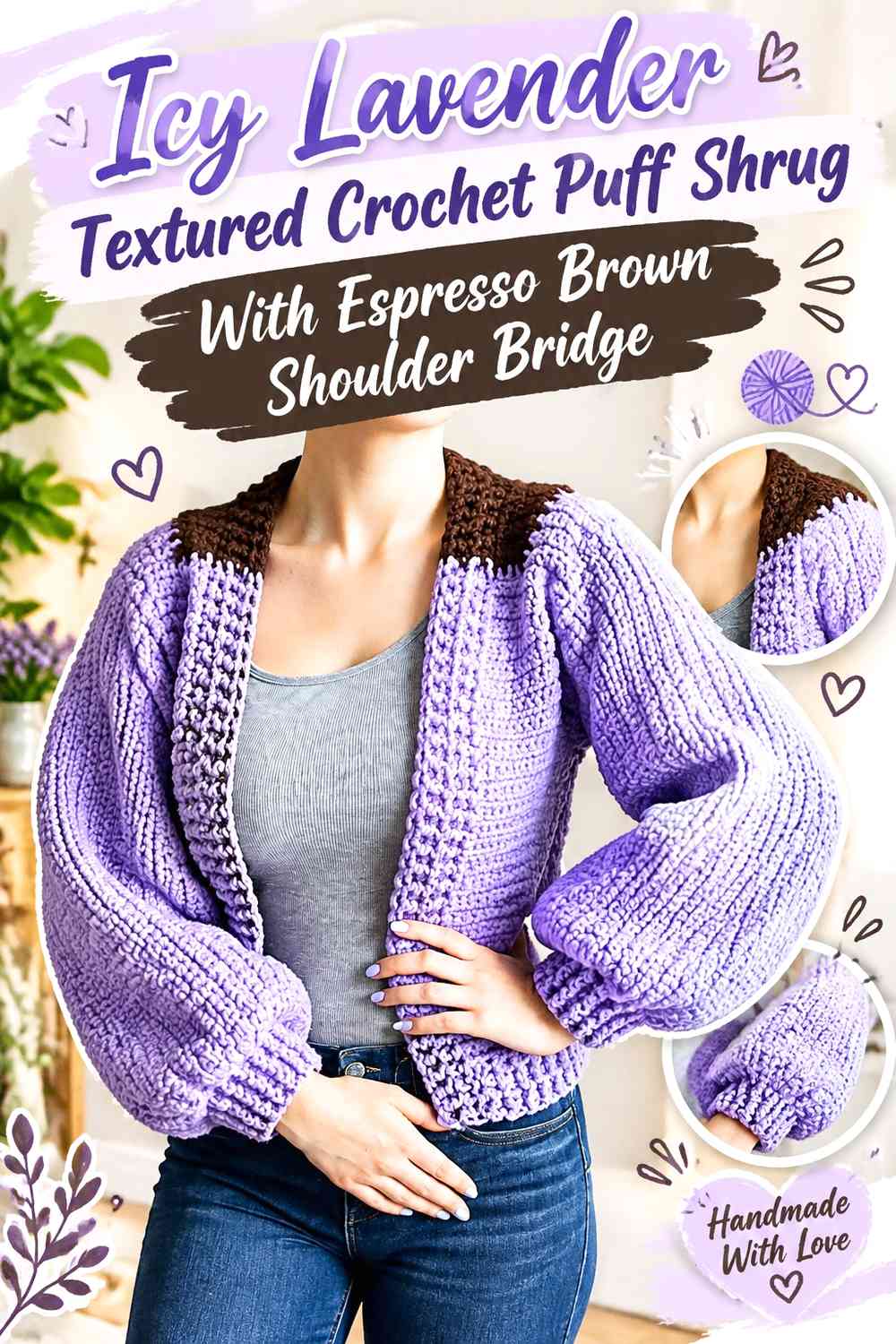 Icy Lavender Textured Crochet Puff Shrug With Espresso Brown Shoulder Bridge