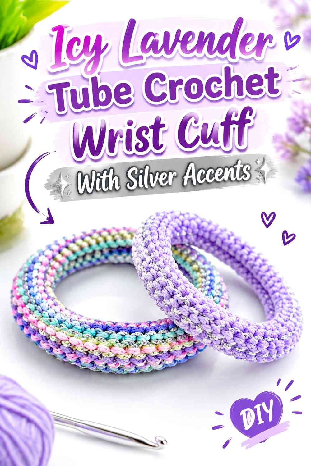 Icy Lavender Tube Crochet Wrist Cuff With Silver Accents