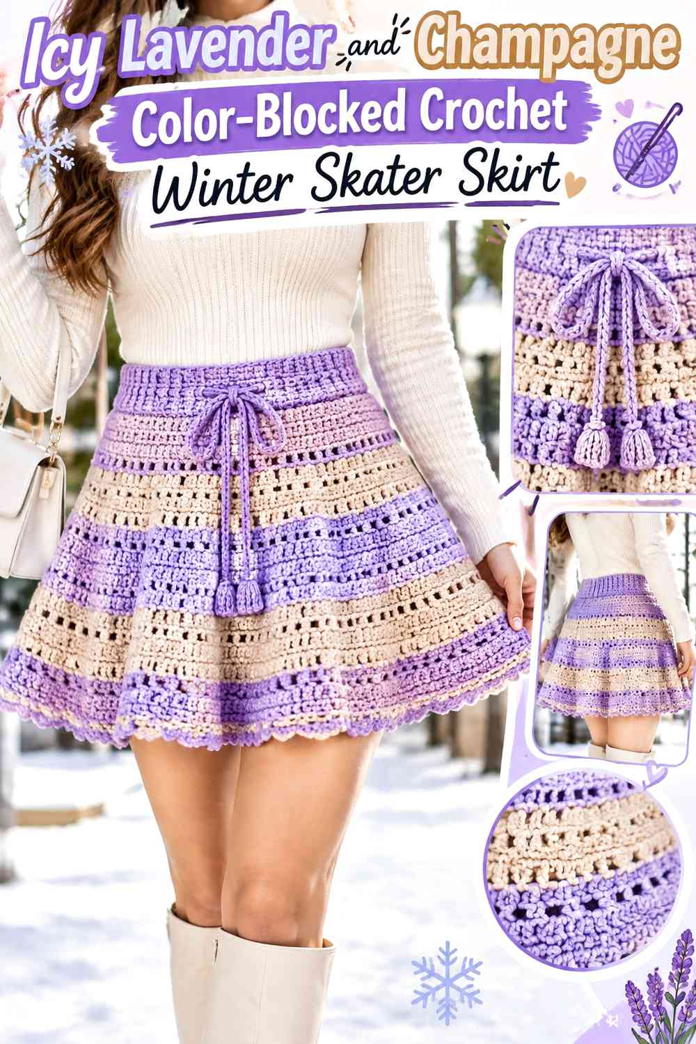 Icy Lavender and Champagne Color-Blocked Crochet Winter Skater Skirt