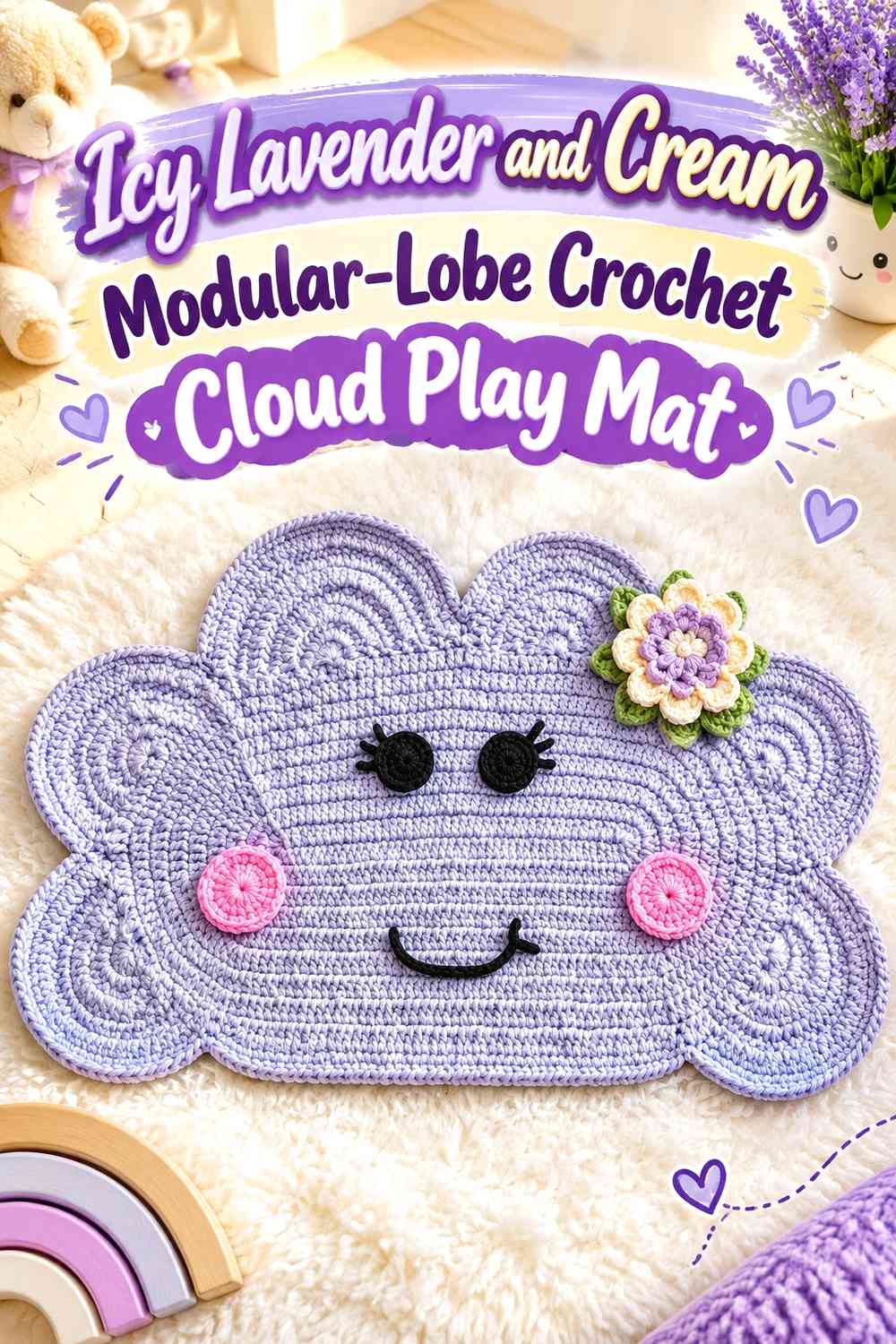 Icy Lavender and Cream Modular-Lobe Crochet Cloud Play Mat