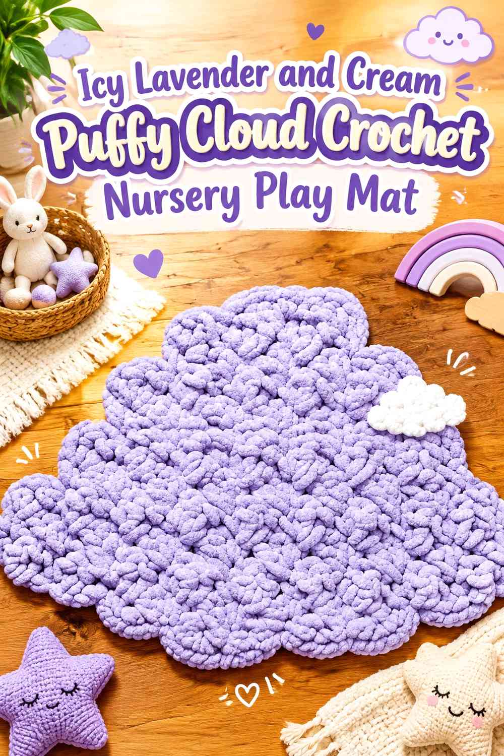Icy Lavender and Cream Puffy Cloud Crochet Nursery Play Mat