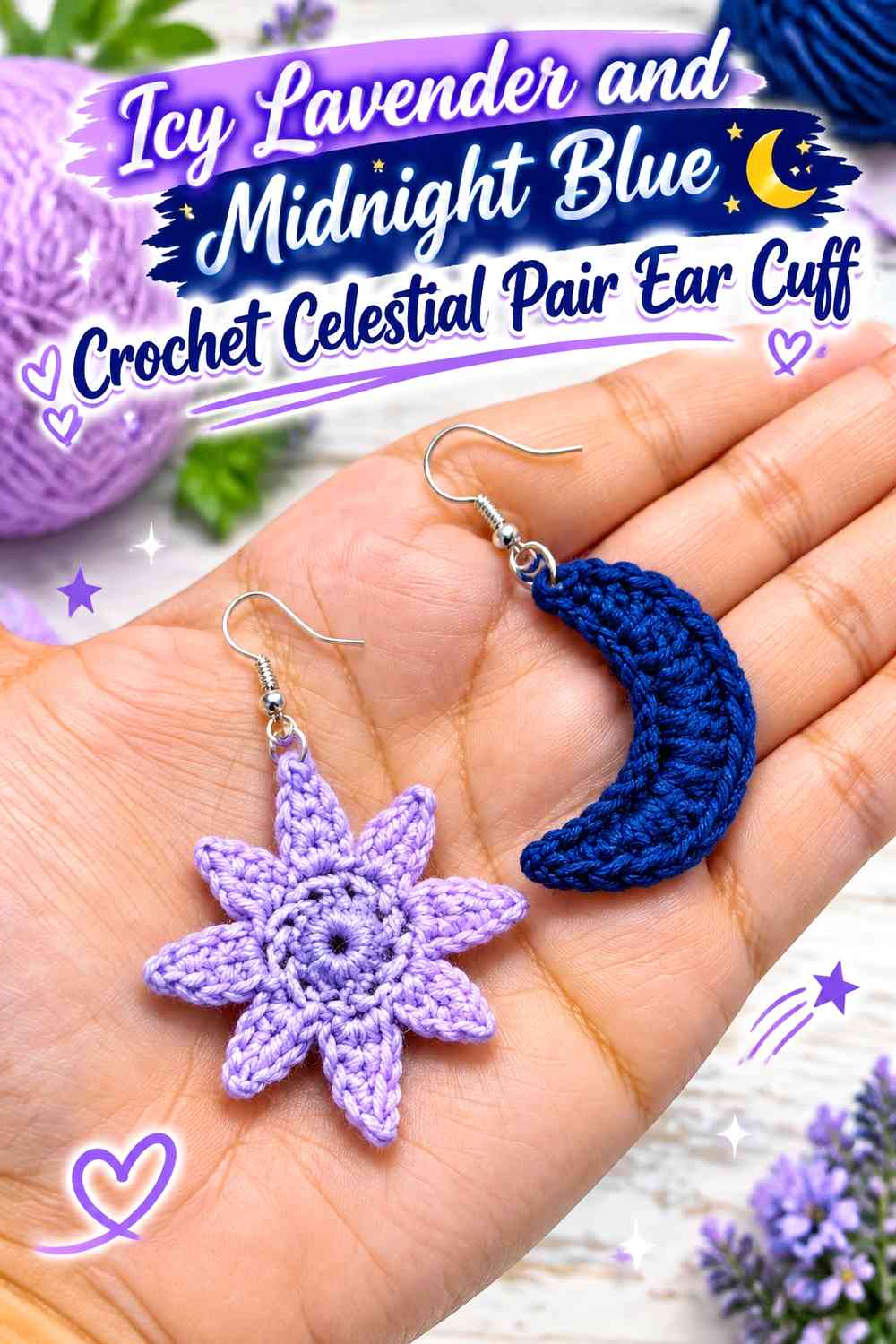 Icy Lavender and Midnight Blue Crochet Celestial Pair Ear Cuff
