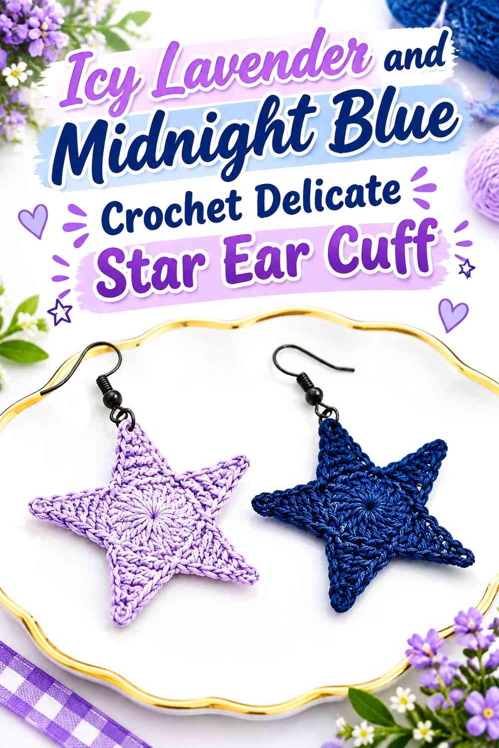 Icy Lavender and Midnight Blue Crochet Delicate Star Ear Cuff