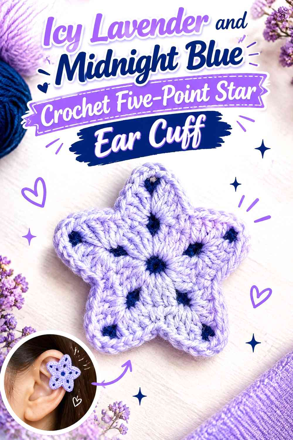 Icy Lavender and Midnight Blue Crochet Five-Point Star Ear Cuff