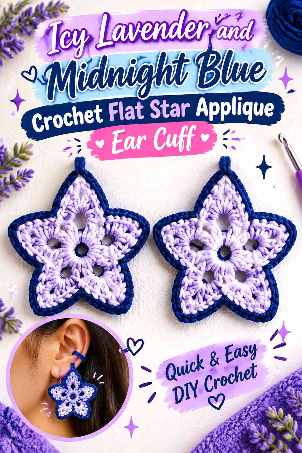 Icy Lavender and Midnight Blue Crochet Flat Star Applique Ear Cuff