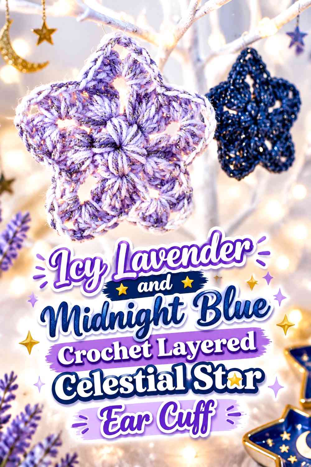 Icy Lavender and Midnight Blue Crochet Layered Celestial Star Ear Cuff