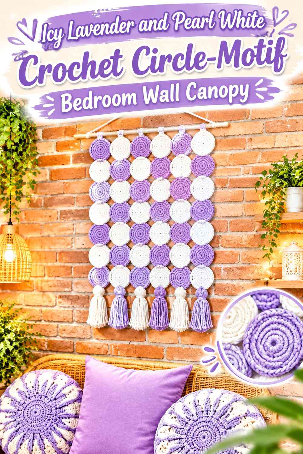 Icy Lavender and Pearl White Crochet Circle-Motif Bedroom Wall Canopy