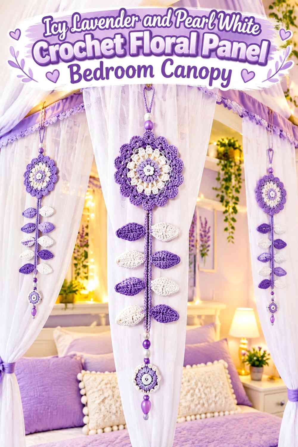 Icy Lavender and Pearl White Crochet Floral Panel Bedroom Canopy