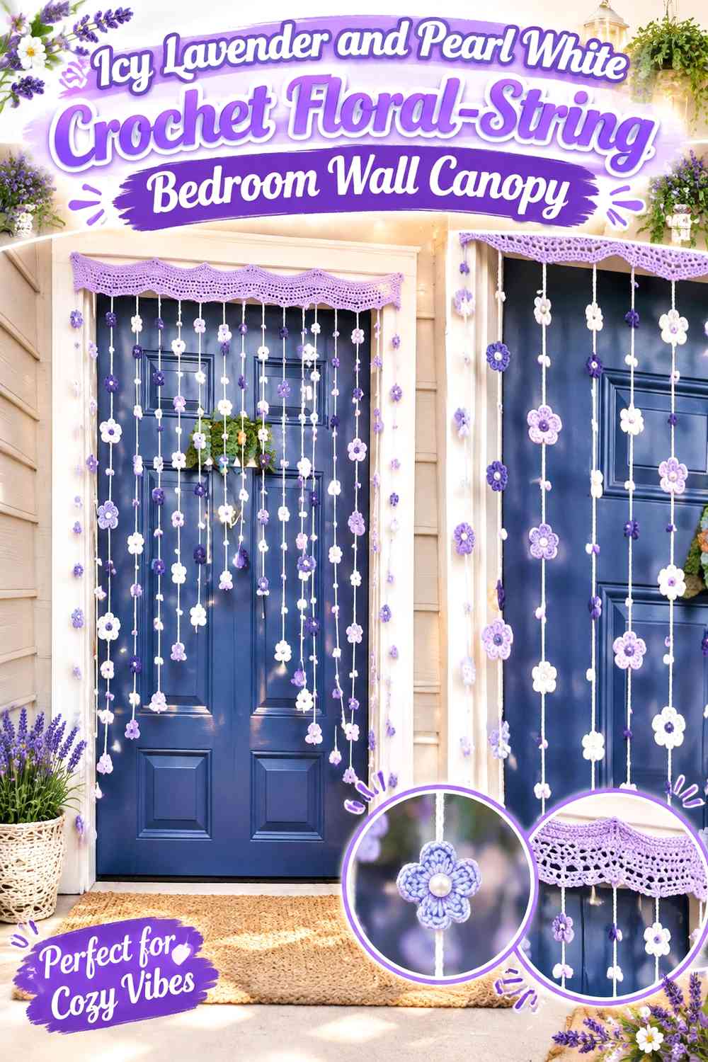 Icy Lavender and Pearl White Crochet Floral-String Bedroom Wall Canopy