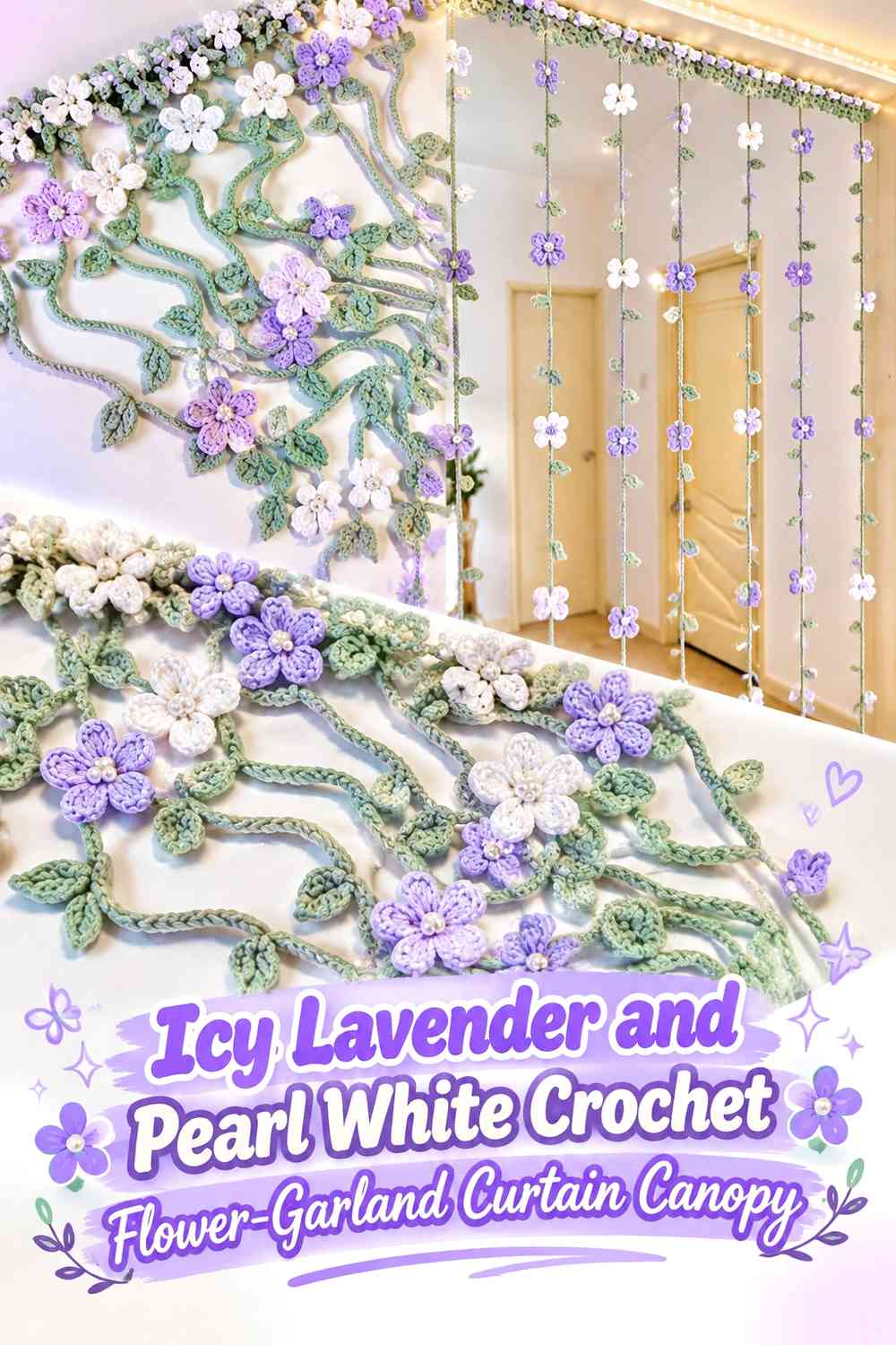 Icy Lavender and Pearl White Crochet Flower-Garland Curtain Canopy