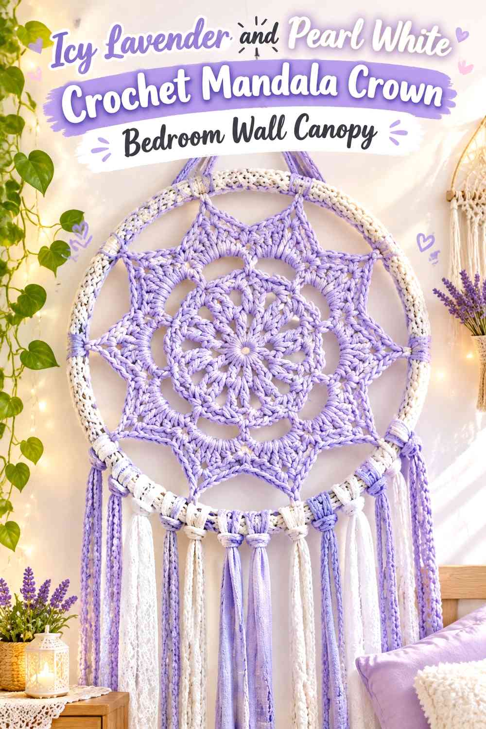 Icy Lavender and Pearl White Crochet Mandala Crown Bedroom Wall Canopy