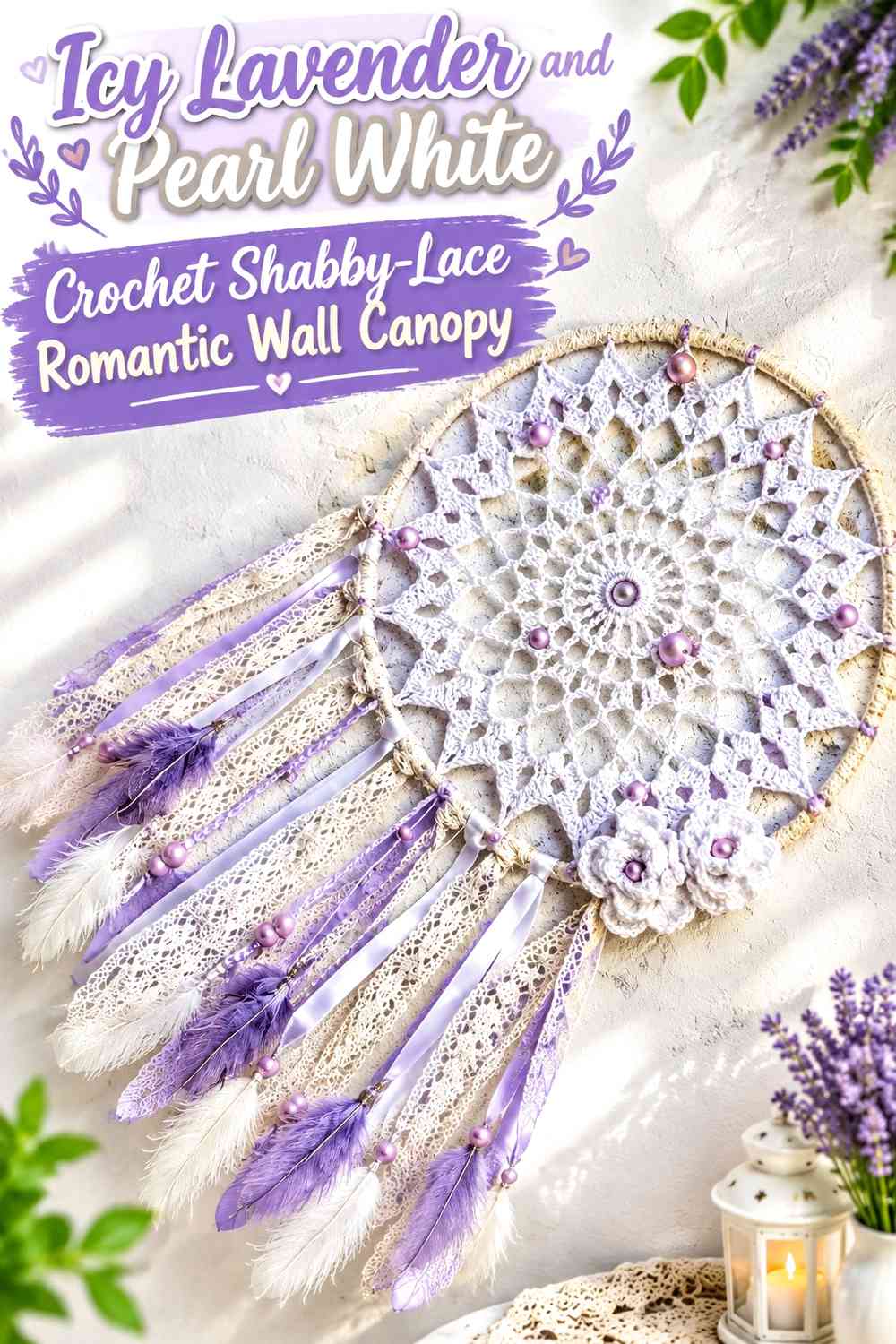 Icy Lavender and Pearl White Crochet Shabby-Lace Romantic Wall Canopy