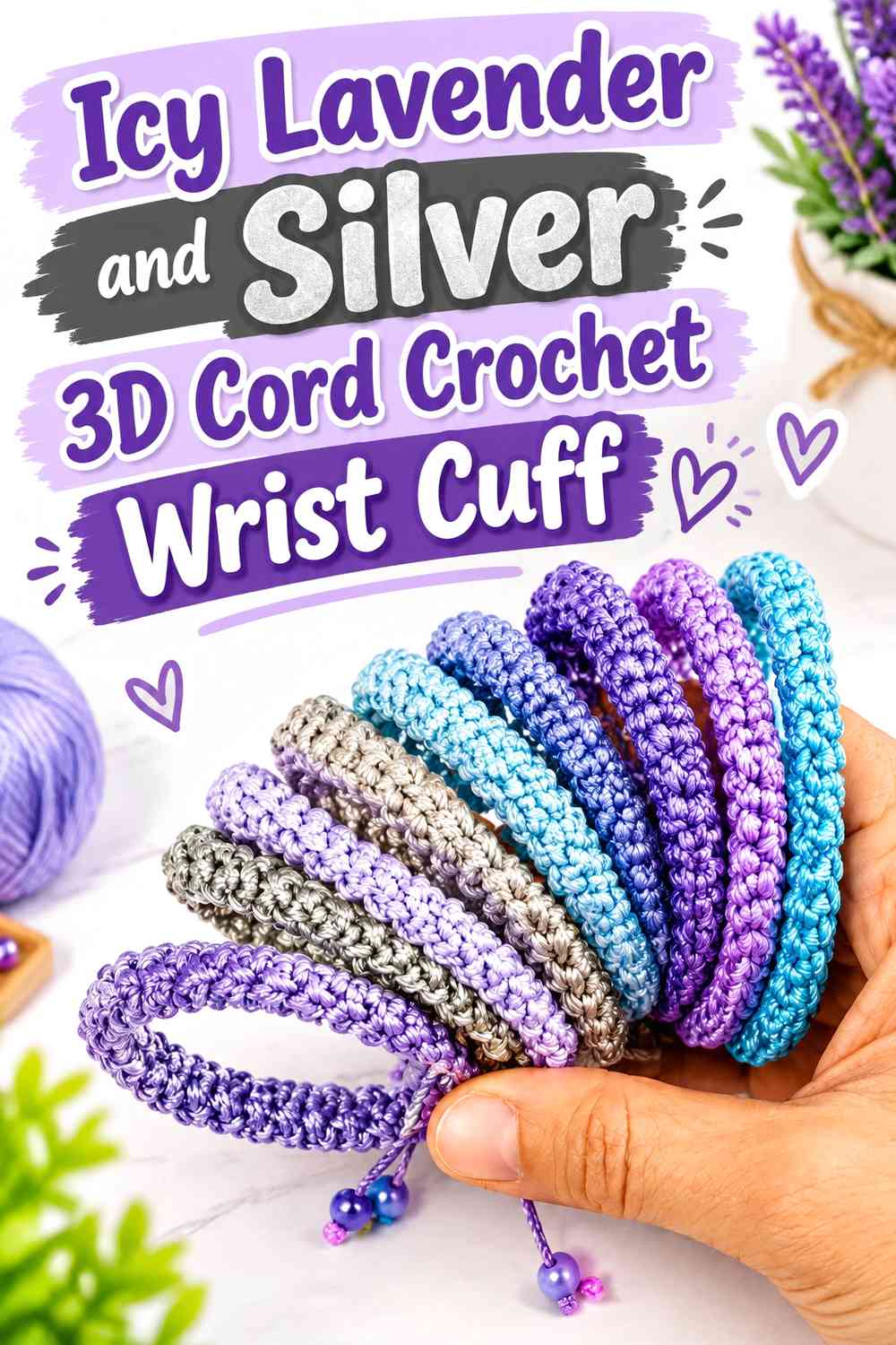 Icy Lavender and Silver 3D Cord Crochet Wrist Cuff