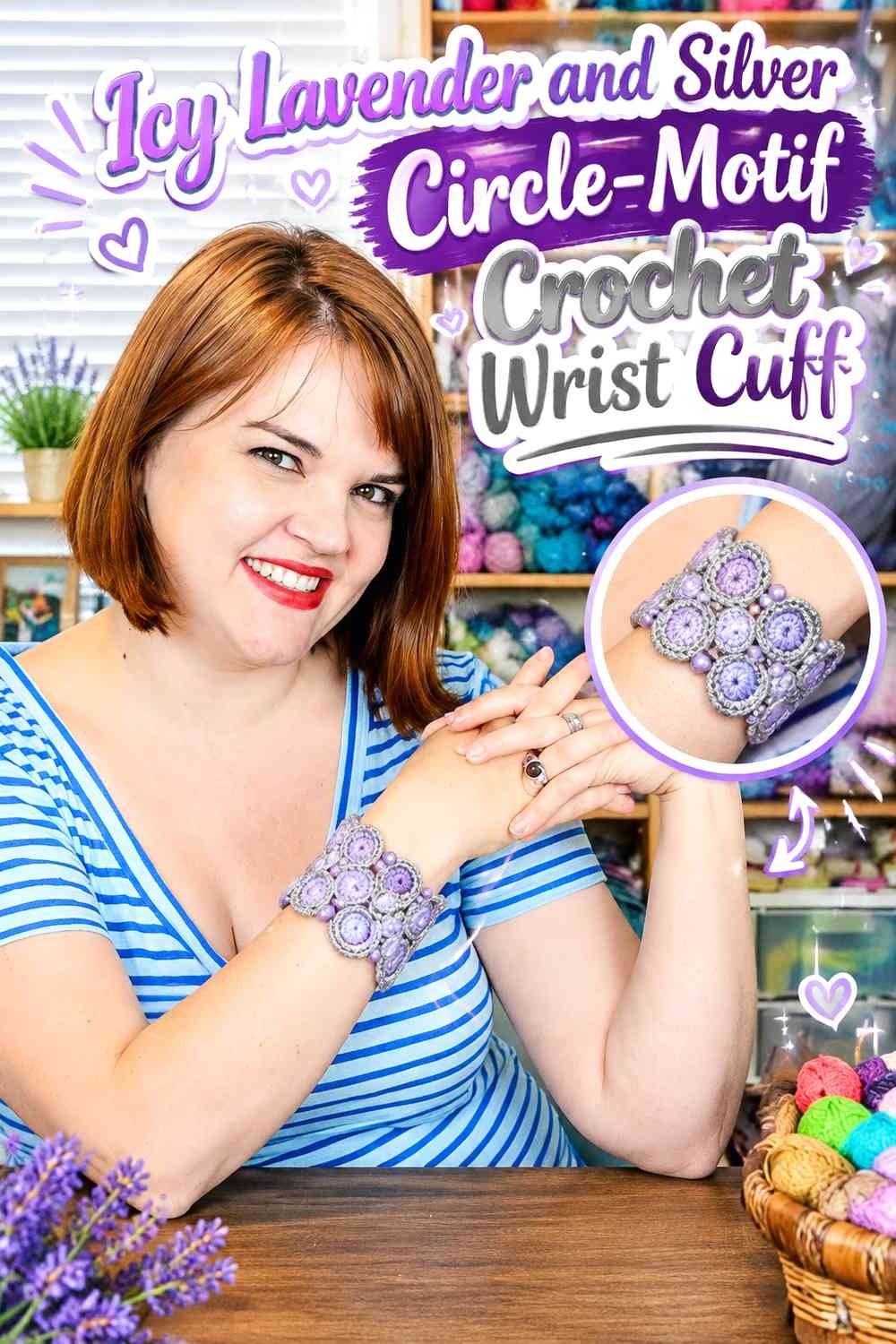 Icy Lavender and Silver Circle-Motif Crochet Wrist Cuff