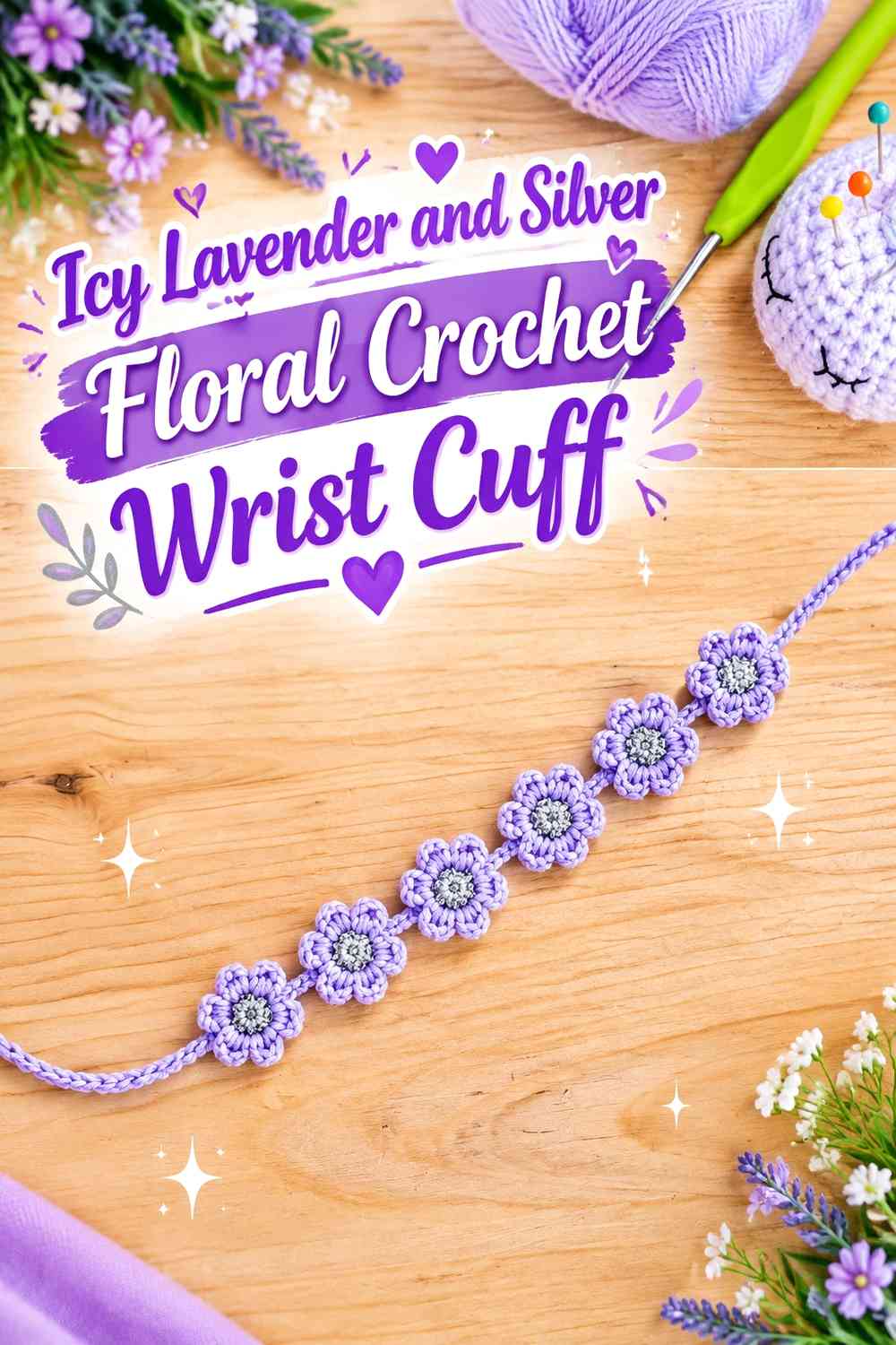 Icy Lavender and Silver Floral Crochet Wrist Cuff